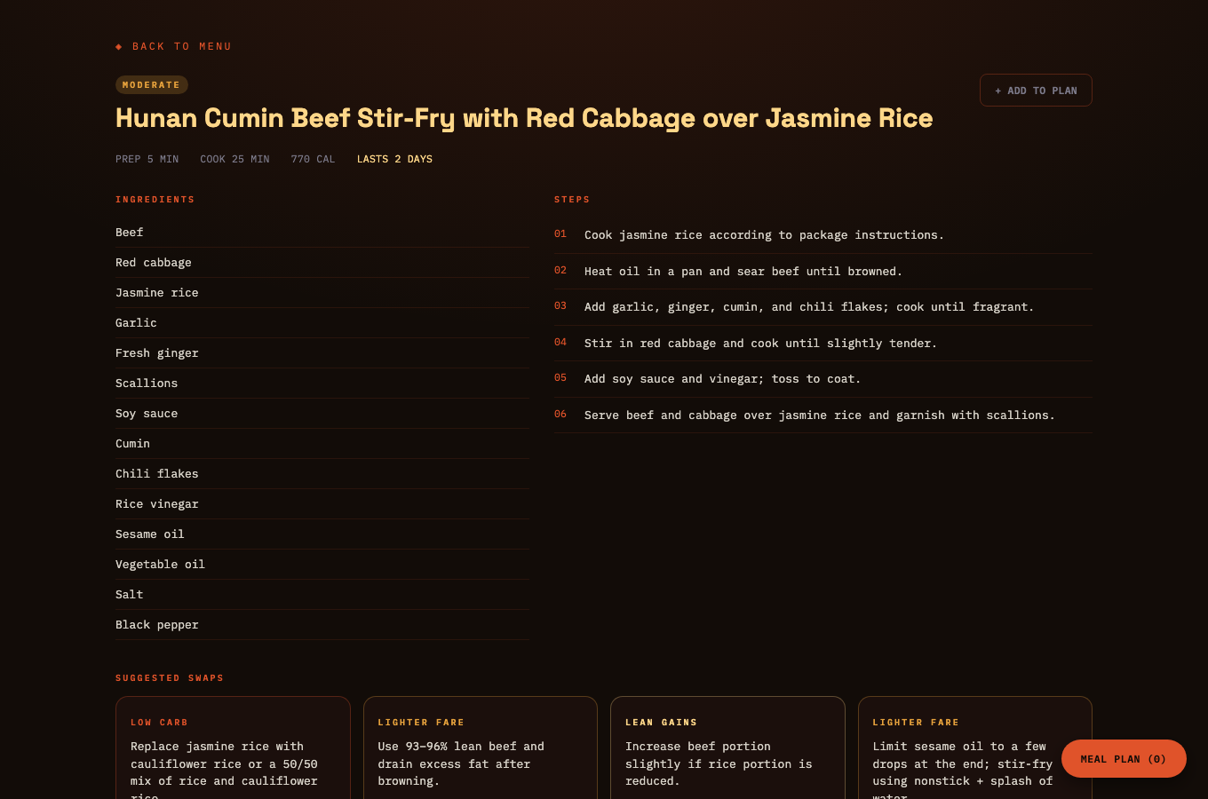 A recipe detail page showing ingredients, steps, and suggested swaps for lower-carb or leaner versions